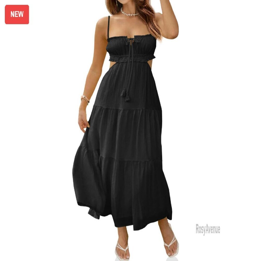 Spaghetti Strap Maxi Dress Side Cut Out Backless Flowy Summer Casual